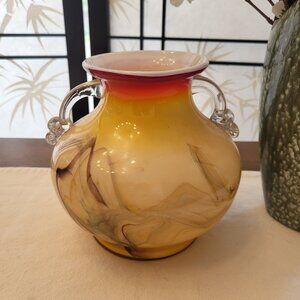Rare 70s Dalian Art Glass Double Handled Vase